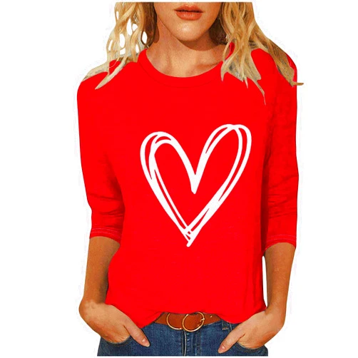 SMIDOW Valentines Shirts for Women Trendy 2025 Cute Love Heart Print Tunic Tops Plus Size Casual Summer 3/4 Sleeve Blouses