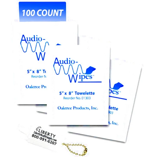 AUDIO - WIPES Audio-Wipes Cleaning Towelettes, Individually Wrapped, Package of 100 and Liberty Hearing Aid Battery Keychain