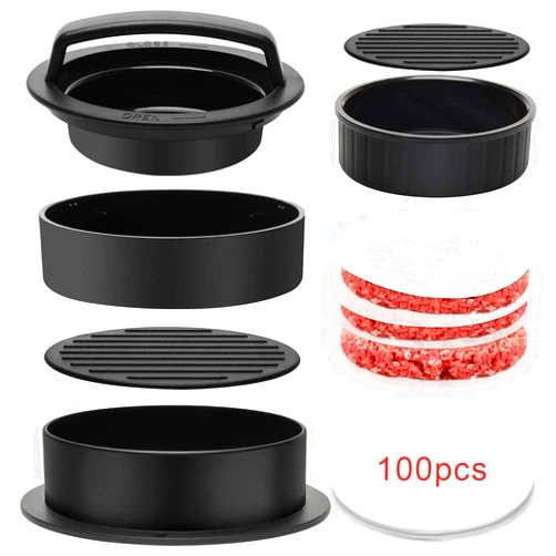 Luxiv 3 in 1 Burger Press, Hamburger Patty Maker Stuffed Burgers Press with 100p Hamburger Paper for BBQ Non-Stick Sliders Beef Hamburger Push (Black)