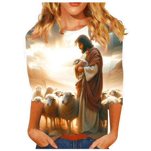 Generic Jesus and Lost Sheep Shirts for Women Funny 3D Graphic Pullover 3/4 Sleeve Christian Religious Blouses Crewneck Tops