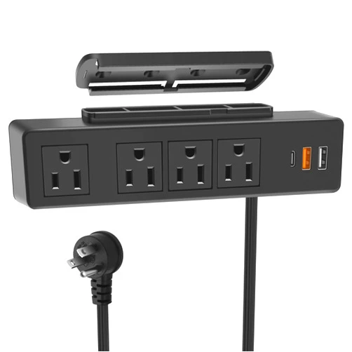VILONG Under Desk Power Strip, Adhesive Wall Mount Power Strip with PD 20W USB Fast Charging Ports, 4 AC Outlet for Kitchen, Office, Home, Hotel (Black)