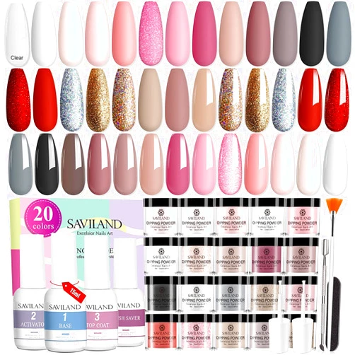 SAVILAND 29pcs Dip Powder Nail Kit Starter 20 Colors Clear Nudes Pink Brown Gray Glitter 15ml All Season Dipping Powder Liquid Set with Activator Base Top Coat for French Nail Art DIY Salon Gift