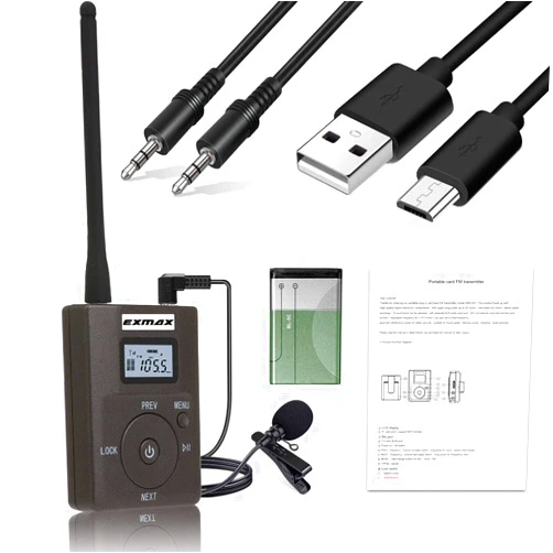 EXMAX Portable 0.2W/200mW Stereo Wireless FM Transmitter Radio MP3 Music Player Broadcast with 3.5mm AUX Microphone Support TF Card for Tour Guide System Teaching Simultaneous Meeting Black