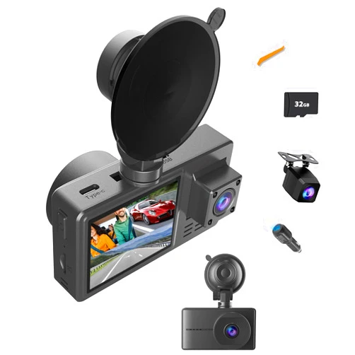 ADDPET Dash Cam, 3 Channel Dash Cam, Metal Dash Camera for Cars with 2 Inch LCD Screen, WiFi Control, G-Sensor, 24H Parking, Loop Recording