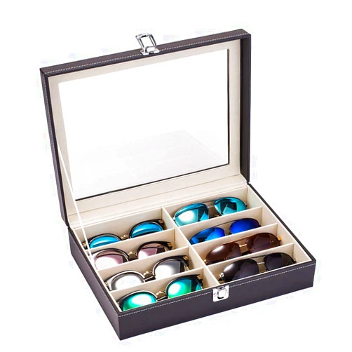 OrangeFish 8 Slots Sunglasses Organizer for Men and Women, PU Leather Eyewear Storage Display Case Jewelry Box with Glass Lid (8 Slots)