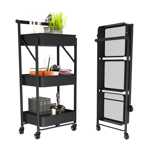 ALFABC 3-Tier Metal Mobile Cart, Foldable, Locking Wheels for Utility, Craft, Storage, Organization, Black