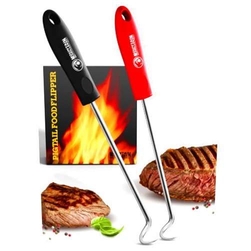 MOUNTAIN GRILLERS Pigtail Food Flipper Set - 17 & 12 Inch Meat Hooks & Turners with Steel Shafts & Color Coded Handles - Use in Place of Tongs, Spatula & Meat Fork for BBQ Ribs, Steak, Chicken, Sausage, Vegetables