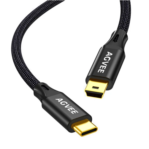 AGVEE 2 Pack 6.6ft USB-C to Mini USB Cable, Gold Plated End Tips, Braided Durable Mini-B 5-Pin to Type-C Data Charging Charger OTG Cord for Hero 3+, Canon Nikon Camera, GPS, Blue Yeti, Black