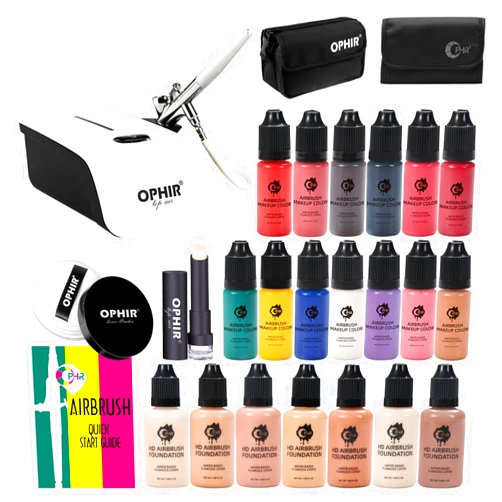 OPHIR Flawless Airbrush Makeup, Professional Air Brush Kit with Air Compressor, 7x30ml Full Coverage Airbrush Foundation, 13x10ml Airbrush Blush Eyeshadow, for Movie Stage Wedding Party Spray Makeup
