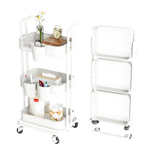 DTK 3 Tier Foldable Rolling Cart, Metal Utility Cart with Lockable Wheels, Folding Storage Trolley, 3 Small Baskets and 6 Hooks for Living Room, Kitchen, Bathroom, Bedroom and Office, White