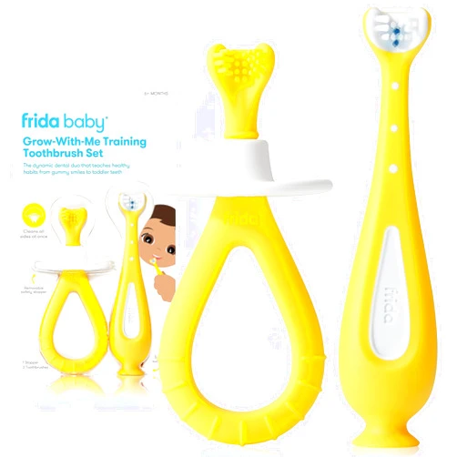Frida Baby Grow-with-Me Training Toothbrush Set, Infant Baby Tooth brush & Toddler Toothbrush 6-18 Months, Soft Silicone Bristles, BPA-Free Oral Care for Sensitive Gums, Yellow
