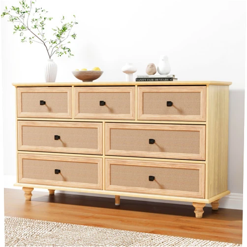 ORRD 7 Drawer Dresser for Bedroom, Mid Century Modern Wide Wood Rustic Chest of Drawers Wooden Storage Organizer Dressers with Burlap Rattan Drawers for Living Room, Hallway Closet, Entryway, Natural