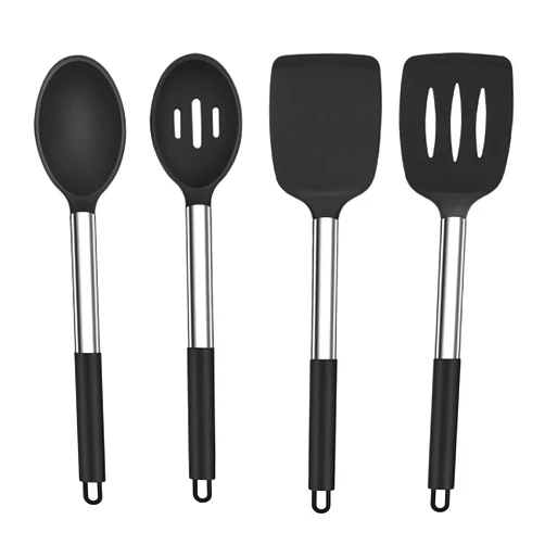 TeamFar Kitchen Utensils, 4 PCS Silicone Cooking Utensils Spatula Spoon Set with Stainless Steel Handle, for Frying Mixing Draining Turning, Healthy & Heat-proof, Non-stick & Dishwasher Safe - Black