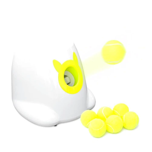 PALULU Automatic Ball Launcher, Adjustable Launch Distance, Including 6 Pack Small Sized Balls, Suitable for Small to Medium Sized Dogs (White)