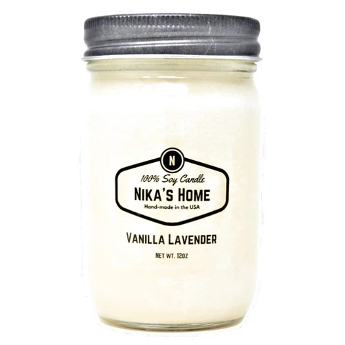 Nika's Home Vanilla Lavender Soy Candle 12oz Mason Jar Non-Toxic White Soy Candle-Hand Poured Handmade, Long Burning 50-60 Hours Highly Scented All Natural, Clean Burning Candle Gift Décor