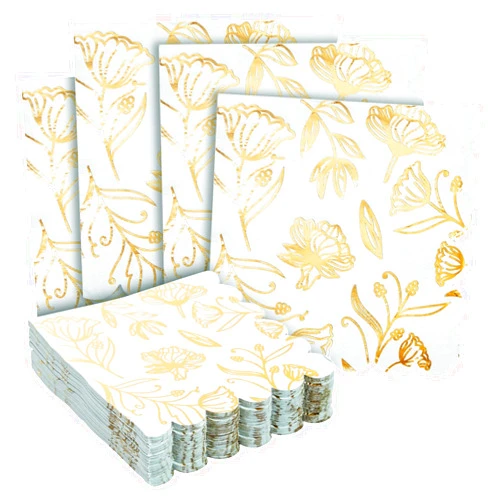 Sparkle and Bash Blue Paper Napkins with Gold Foil Floral Design and Scalloped Edges for Weddings, Baby Showers, and Bridal Showers (3-Play, 5x5 in), Pack of 50