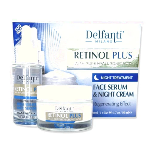 Delfanti-Milano Delfanti Milano • RETINOL PLUS with pure HYALURONIC Acid • FULL SIZED NIGHT TREATMENT DUO PACK Concentrated Regenerating Serum and Night Cream for Face and Neck • Made in Italy