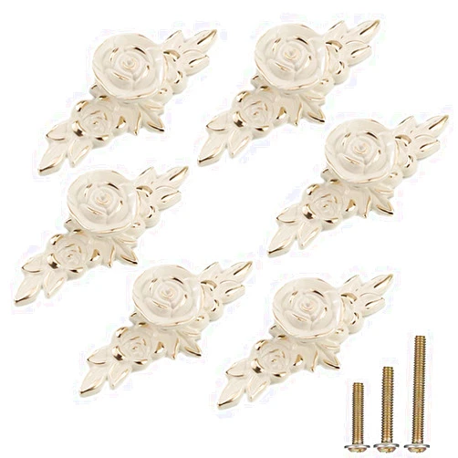 ESreake 6 Pack European Style Rose Cabinet Knobs with Backplate,102mm Vintage Kitchen Zinc Alloy Flower Drawer Pull Handle for Dresser Vanity Cupboard Wardrobe Ivory White & Gold Edge (6 Pack, 4.0