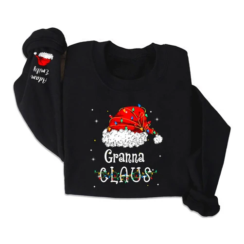 GAMMIE Personalized Grandma Claus Sweatshirt with Kids Names on Sleeve, Christmas Honey Claus Lights Sweater, Gift for New Mom