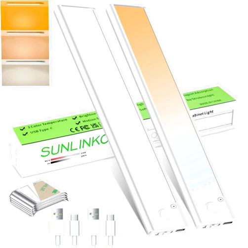 SUNLINKCO 90LED Under Cabinet Lights,3 Color Temperature Dimmable Motion Sensor Light Indoor,Magnetic 2500mAh Rechargeable Battery Under Counter Lights Wireless, Night Light for Kitchen,Wardrobe,Stairs-2 Pack