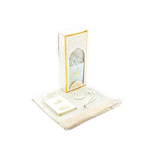ihvan online Taffeta Fabric Muslim Prayer Rug, Velvet Covered Yaseen Surah Pocket Size Book, Prayer Beads Set with Kraft Boxed, Dowry Box for Men & Women, Islamic Ramadan Eid & Wedding Gifts, White