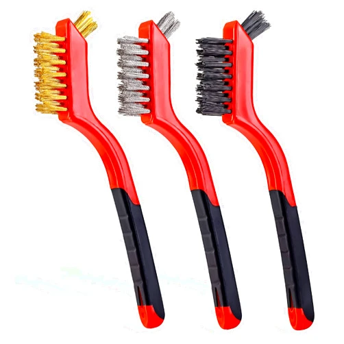 Lavaxon Wire Brush Set 3Pcs - Nylon/Brass/Stainless Steel Bristles with Curved Handle Grip for Rust, Dirt & Paint Scrubbing with Deep Cleaning – 7 Inches (Red)