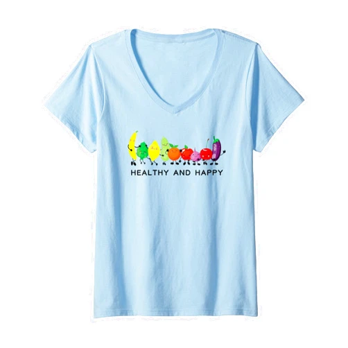 Plant Powered Vegan Plant Based Vegetarian Tees Womens Healthy and Happy Fruits and Vegetables Cute Cartoon Food V-Neck T-Shirt