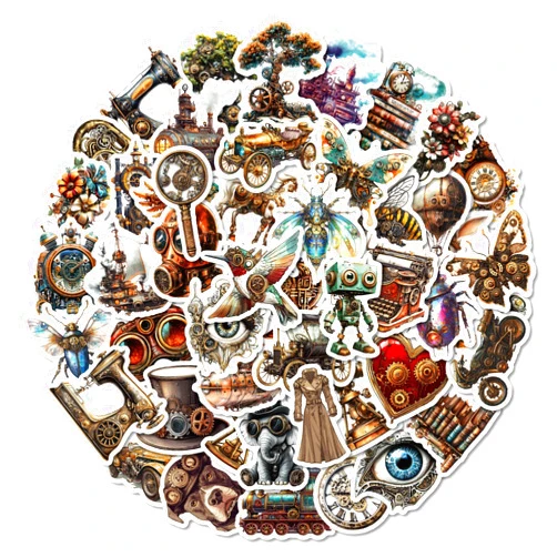 Dslalaly Steampunk Stickers 50PCS Vintage Aesthetic Vinyl Stickers for Water Bottles Laptops Skateboards, Retro Mechanical Art Decals for Teens Adults DIY Decoration