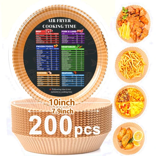 Adhjito 200PCS Air Fryer Liners Disposable: Round 7.9 Inch Non-Stick Airfryer Paper Liners - Food Grade Parchment Paper for 5 6 7 8 QT Air Fryer Baking and Roasting - Waterproof and OilProof (10 Inch on Top)