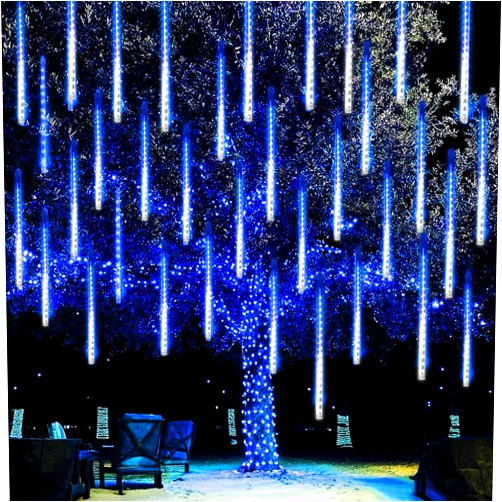 Dazzle Bright 288 LED Christmas Light, 11.8 Inch Meteor Shower Rain Lights with 8 Tubes，Waterproof Plug in Falling Rain Lights Christmas Decorations for Xmas Bushes Tree Yard Party, Blue and White