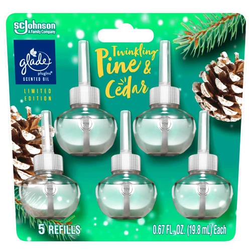 Glade PlugIns Refills Air Freshener, Scented and Essential Oils for Home and Bathroom, Twinkling Pine & Cedar, Limited Edition Scent, 3.35 Fl Oz, 5 Count