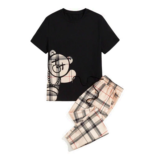 GORGLITTER Men's 2 Piece Outfit Graphic Tee T-Shirt and Drawstring Waist Plaid Pants Set