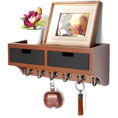 Rebee Vision Modern Farmhouse Key Holder Wall Mount with 2 Drawer Organizer : Mail Organizer with 6 Key Hooks and Wall Shelf - Home Organization for Room Decor (Brown & Black)