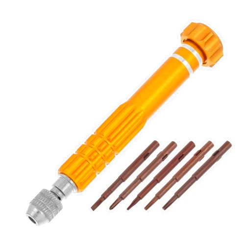 HALLMERS 5-in-1 Gold Precision Screwdriver Set with Interchangeable Chrome Vanadium Steel Bits for Phone Repair (PH0000, Slotted 1.8mm, Pentalobe 0.8mm, Torx T5 & T6)