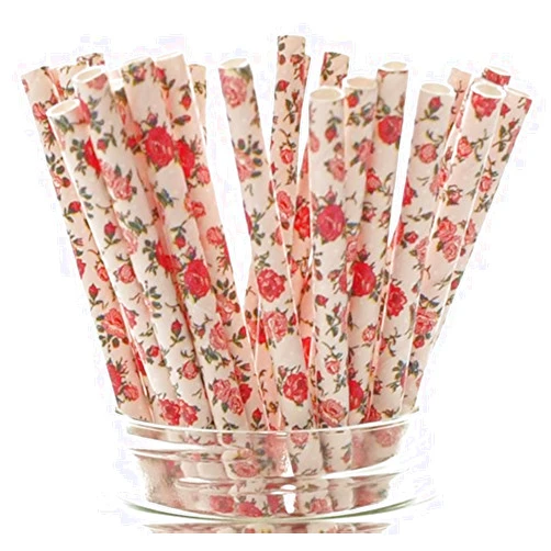 Food With Fashion Pink Wedding Party Floral Straws (25 Pack) - Paper Straws for Drinking, Cute Disposable, Tea Party Birthday