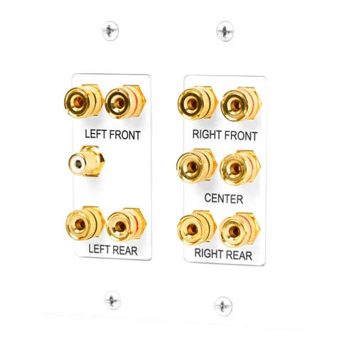 Fosmon (2-Gang 5.1 Surround Distribution) Home Theater Wall Plate - Premium Quality Gold Plated Copper Banana Binding Post Coupler Type Wall Plate for Speakers and RCA Jack for Subwoofer (White)