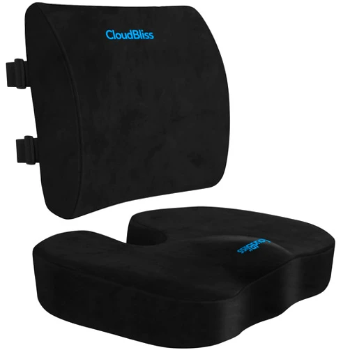 CloudBliss Seat Cushion for Office Chair,Car Seat,Lumbar and Back Support Memory Foam Pillow, Coccyx Cushion for Tailbone ,Sciatica & Back Pain Relief -Black