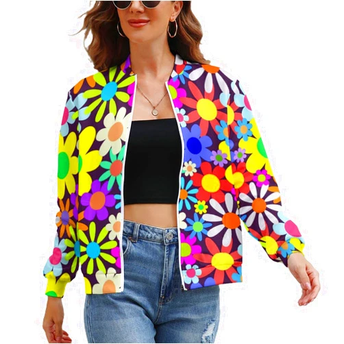 Sivbkyh Women's Zipper Flight Multicolor Florals Fall Coats Retro Outwear