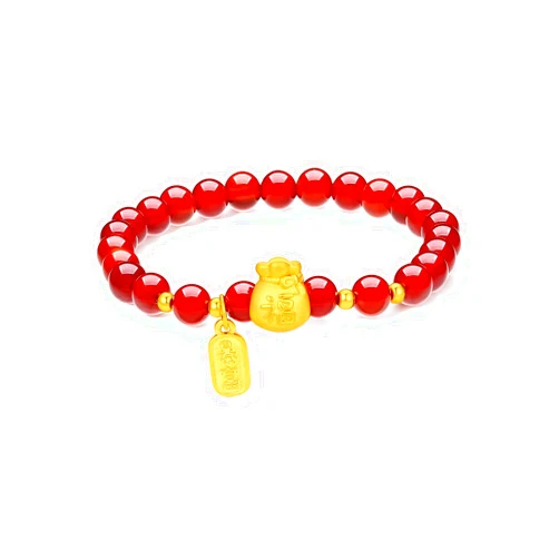 ZHOU LIU FU 24K Gold Lucky Charm Bracelet Red Agate Beaded Bracelets Blessing Charms Stretch Link Adjustable Beads Chain Protection Healing Stone Good Luck Jewelry Stackable Bangle Fu Fortune Bag Feng Shui Gift