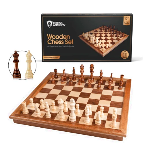 Chess Armory Wooden Chess Set - 17 inch Large Chess Board Sets for Adults and Kids with Extra Queen Pieces & Storage Box