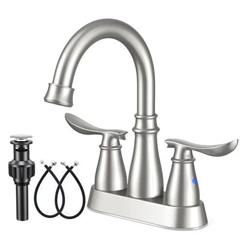 LUFEIDRA Bathroom Faucets with Pop-up Drain, Lead-Free 4 inch Centerset 2-Handle 2-3 Hole 360° Swivel Spout Faucet and Water Supply Lines for Bath Sink, Rv, Laundry, Brushed Nickel