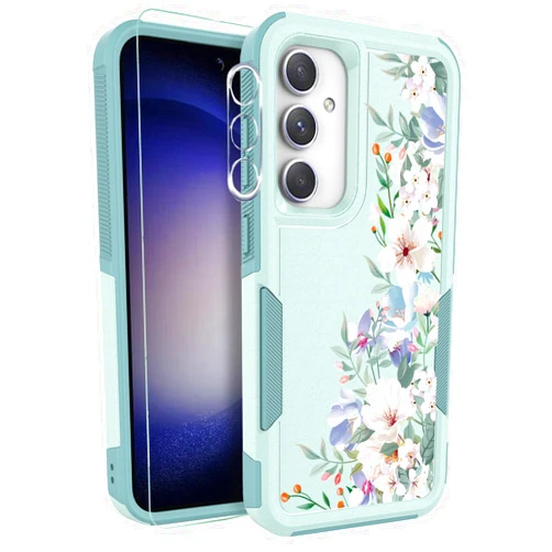 Ftonglogy for Samsung Galaxy S23 FE 5G Case with Screen Protector + Camera Lens Protector: Cute Flower Floral Design for Girls Women Slim TPU Bumper Silicone Cell Phone Cover (Mint Green/Magnolia)