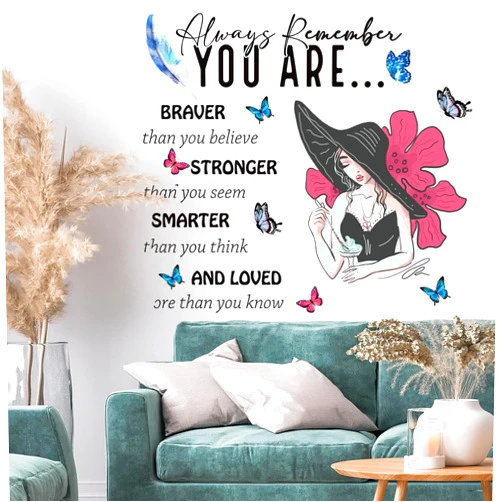Datesno Inspirational Wall Decals Girls Quotes You’re Braver Than You Believe,Stronger Than You Seem,Smarter Than You Think, Positive Quote Sticker for Kids Room Nursery,Classroom Decor