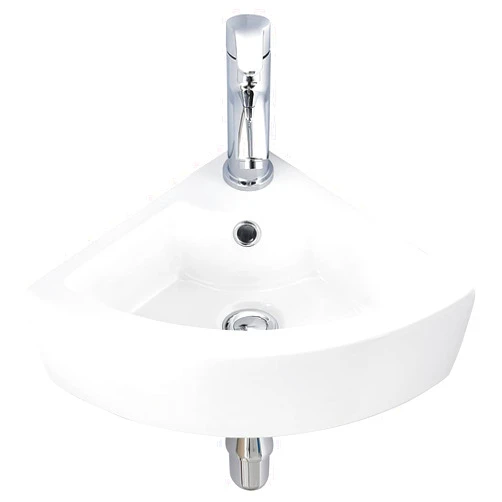 VASOYO Small Corner Bathroom Sink Wall Mount White Triangle Porcelain Ceramic Above Counter Mini Wall Vanity Vessel Sinks with Single Faucet Hole and Overflow