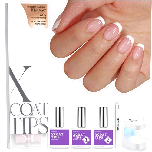 BTArtboxnails XCOATTIPS French Nails - Extra Short Square Nail Tips with Nail Gel, French Protecing Duo, Nail Lamp, All in One Soft Gel French Tip Press on Nails Gel
