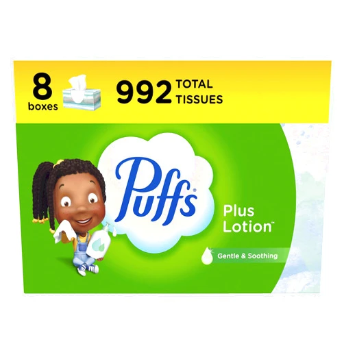 Puffs Plus Lotion Facial Tissues, 8 Family Boxes, 124 Facial Tissues per Box, Allergies and Colds