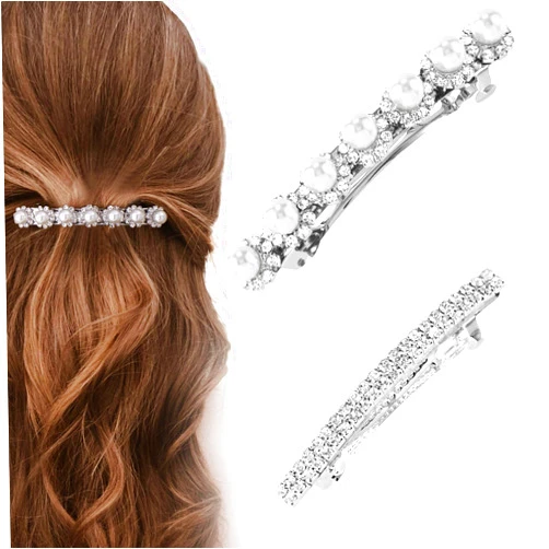 HINZIC 2Pcs Sparkly Rhinestone Hair Clips, Silver Pearl Barrettes Crystal French Hair Pins Wedding Prom Engagement Dressy Decorative Accessories for Women Girls Bride