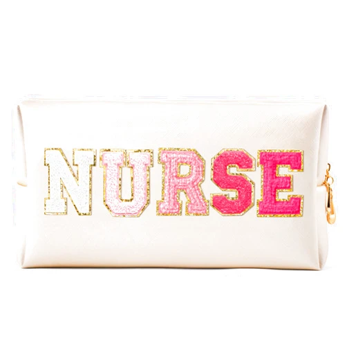 CY2SIDE NURSE Letter Makeup Bag - Gradient Pink Nurse Chenille Letter Patch Cosmetic Bag Shell Gold PU Leather Patch Travel Pouch Waterproof Portable Zipper Travel Organizer Xmas Gifts for Nurse Women