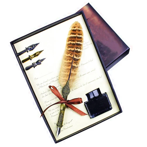 Deashun Vintage Quill Pen and Ink Set Handmade Carving Stem Feather Dip Pen Set English Calligraphy Writing Quill Pen with Ink and 3 Nibs,Calligraphy Set for Kids or Beginner