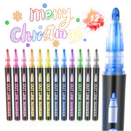 Aenmt 12 Colors Outline Markers,Double Line Shimmer Marker Pens for Christmas Greeting Cards,Scrapbook Crafts,Doodling,DIY Art Crafts,Easter Egg,Ceramic,Glass,Christmas Decor